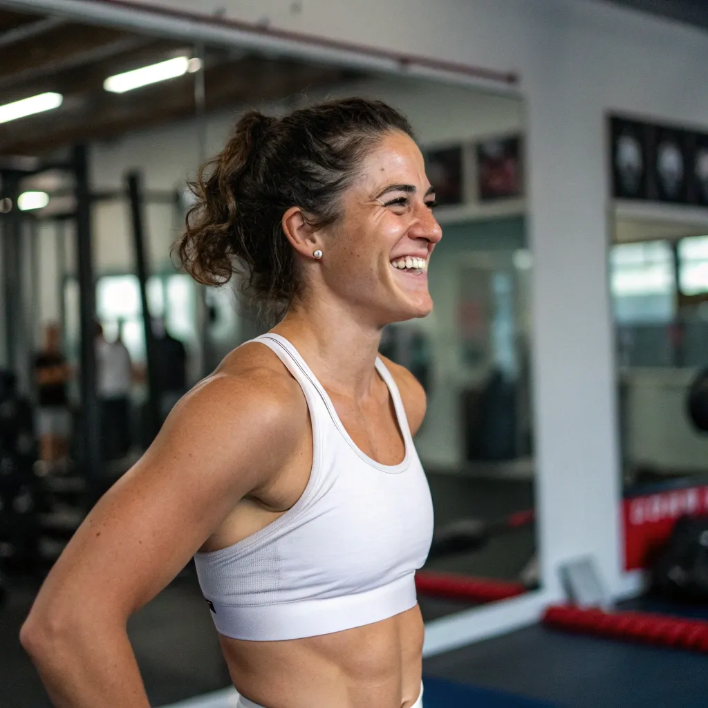 Emily Harris smiling after a workout